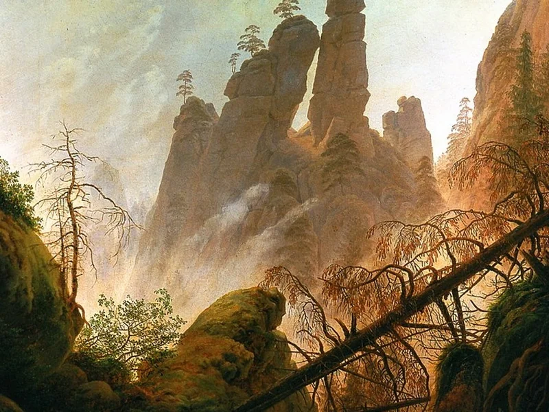 1774-Caspar David Friedrich - Burrone roccioso nelle montagne di arenaria dell'Elba,1822 ca